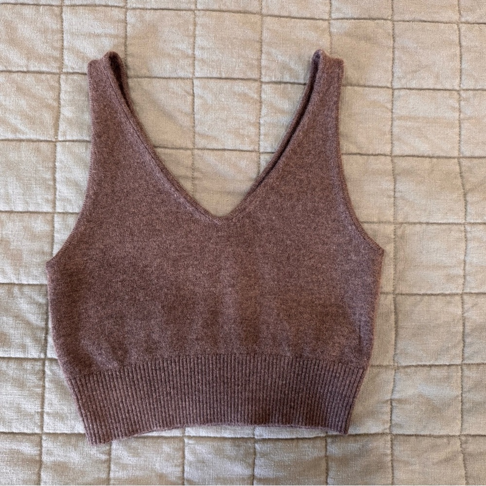 Quince Cashmere V-Neck Cropped Knit Tank Top - Brown Heather - Small